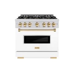 ZLINE Autograph Edition 36 in. 5.2 cu. ft. Classic Dual Fuel Range with 6 Burner Gas Cooktop and Electric Convection Oven in Stainless Steel with White Matte Door and Polished Gold Accents - CDRZ-WM-36-G - The Home Selection