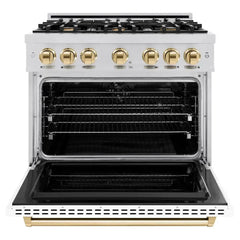 ZLINE Autograph Edition 36 in. 5.2 cu. ft. Classic Dual Fuel Range with 6 Burner Gas Cooktop and Electric Convection Oven in Stainless Steel with White Matte Door and Polished Gold Accents - CDRZ-WM-36-G - The Home Selection