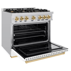 ZLINE Autograph Edition 36 in. 5.2 cu. ft. Classic Dual Fuel Range with 6 Burner Gas Cooktop and Electric Convection Oven in Stainless Steel with White Matte Door and Polished Gold Accents - CDRZ-WM-36-G - The Home Selection