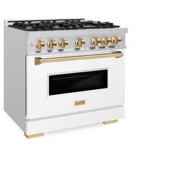 ZLINE Autograph Edition 36 in. 5.2 cu. ft. Classic Dual Fuel Range with 6 Burner Gas Cooktop and Electric Convection Oven in Stainless Steel with White Matte Door and Polished Gold Accents - CDRZ-WM-36-G - The Home Selection