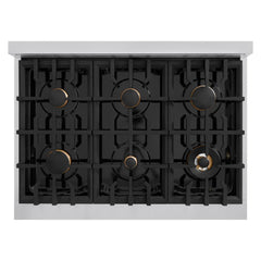 ZLINE Autograph Edition 36 in. 5.2 cu. ft. Classic Dual Fuel Range with 6 Burner Gas Cooktop and Electric Convection Oven in Stainless Steel with White Matte Door and Polished Gold Accents - CDRZ-WM-36-G - The Home Selection