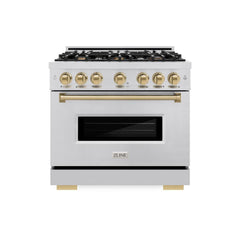 ZLINE Autograph Edition 36 in. 5.2 cu. ft. Classic Gas Range with 6 Burner Cooktop and Convection Gas Oven in Stainless Steel and Champagne Bronze Accents - CGRZ-36-CB - The Home Selection