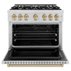 ZLINE Autograph Edition 36 in. 5.2 cu. ft. Classic Gas Range with 6 Burner Cooktop and Convection Gas Oven in Stainless Steel and Champagne Bronze Accents - CGRZ-36-CB - The Home Selection