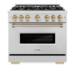 ZLINE Autograph Edition 36 in. 5.2 cu. ft. Classic Gas Range with 6 Burner Cooktop and Convection Gas Oven in Stainless Steel and Champagne Bronze Accents - CGRZ-36-CB - The Home Selection