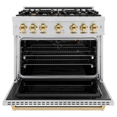 ZLINE Autograph Edition 36 in. 5.2 cu. ft. Classic Gas Range with 6 Burner Cooktop and Convection Gas Oven in Stainless Steel and Polished Gold Accents - CGRZ-36-G - The Home Selection