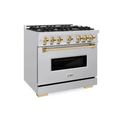 ZLINE Autograph Edition 36 in. 5.2 cu. ft. Classic Gas Range with 6 Burner Cooktop and Convection Gas Oven in Stainless Steel and Polished Gold Accents - CGRZ-36-G - The Home Selection