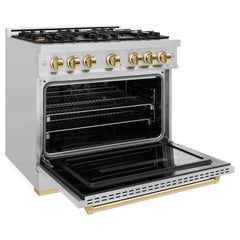 ZLINE Autograph Edition 36 in. 5.2 cu. ft. Classic Gas Range with 6 Burner Cooktop and Convection Gas Oven in Stainless Steel and Polished Gold Accents - CGRZ-36-G - The Home Selection