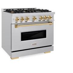 ZLINE Autograph Edition 36 in. 5.2 cu. ft. Classic Gas Range with 6 Burner Cooktop and Convection Gas Oven in Stainless Steel and Polished Gold Accents - CGRZ-36-G - The Home Selection