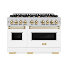 ZLINE Autograph Edition 48 in. 6.7 cu. ft. Classic Double Oven Dual Fuel Range with 8 Burner Gas Cooktop in Stainless Steel with White Matte Doors and Champagne Bronze Accents