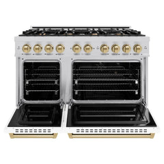 ZLINE Autograph Edition 48 in. 6.7 cu. ft. Classic Double Oven Dual Fuel Range with 8 Burner Gas Cooktop in Stainless Steel with White Matte Doors and Champagne Bronze Accents
