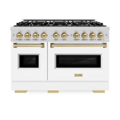 ZLINE Autograph Edition 48 in. 6.7 cu. ft. Classic Double Oven Dual Fuel Range with 8 Burner Gas Cooktop in Stainless Steel with White Matte Doors and Champagne Bronze Accents