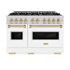 ZLINE Autograph Edition 48 in. 6.7 cu. ft. Classic Double Oven Dual Fuel Range with 8 Burner Gas Cooktop in Stainless Steel with White Matte Doors and Polished Gold Accents