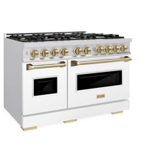 ZLINE Autograph Edition 48 in. 6.7 cu. ft. Classic Double Oven Gas Range with 8 Burner Cooktop in Stainless Steel with White Matte Doors and Champagne Bronze Accents