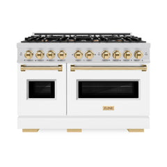ZLINE Autograph Edition 48 in. 6.7 cu. ft. Classic Double Oven Gas Range with 8 Burner Cooktop in Stainless Steel with White Matte Doors and Polished Gold Accents