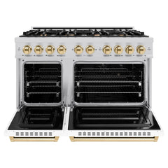 ZLINE Autograph Edition 48 in. 6.7 cu. ft. Classic Double Oven Gas Range with 8 Burner Cooktop in Stainless Steel with White Matte Doors and Polished Gold Accents