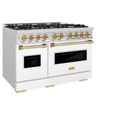 ZLINE Autograph Edition 48 in. 6.7 cu. ft. Classic Double Oven Gas Range with 8 Burner Cooktop in Stainless Steel with White Matte Doors and Polished Gold Accents