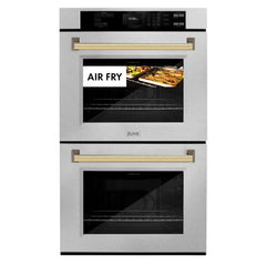 ZLINE Autograph Edition 30 in. Professional True Convection Double Wall Oven with Air Fry and Self Clean in Stainless Steel with Polished Gold Handles - WADZ-30-G - The Home Selection