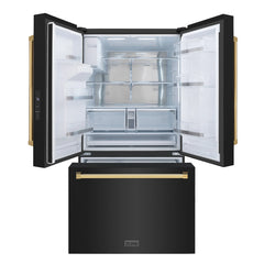 ZLINE Autograph Edition 36 in. 28.9 cu. ft. Standard-Depth French Door External Water Dispenser Refrigerator with Dual Ice Maker in Black Stainless Steel and Polished Gold Handles - RSMZ-W-36-BS-G