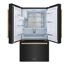 ZLINE Autograph Edition 36 in. 28.9 cu. ft. Standard-Depth French Door External Water Dispenser Refrigerator with Dual Ice Maker in Black Stainless Steel and Polished Gold Handles - RSMZ-W-36-BS-G
