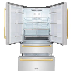 ZLINE Autograph Edition 36 Inch, 22.5 cu. ft. Counter-Depth French Door Refrigerator with Ice Maker in Fingerprint-Resistant Stainless Steel with Polished Gold Modern Handles - RFMZ-36-FG