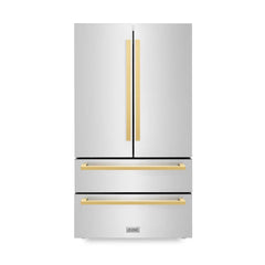 ZLINE Autograph Edition 36 Inch, 22.5 cu. ft. Counter-Depth French Door Refrigerator with Ice Maker in Fingerprint-Resistant Stainless Steel with Polished Gold Modern Handles - RFMZ-36-FG