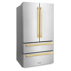 ZLINE Autograph Edition 36 Inch, 22.5 cu. ft. Counter-Depth French Door Refrigerator with Ice Maker in Fingerprint-Resistant Stainless Steel with Polished Gold Modern Handles - RFMZ-36-FG