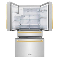 ZLINE Autograph Edition 36 Inch 21.6 cu. ft. Counter-Depth French Door Refrigerator with Water and Ice Dispenser in Fingerprint-Resistant Stainless Steel with Modern Handles- RFMZ-W-36