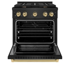 ZLINE Autograph Edition 30 in. 4.2 cu. ft. Paramount Dual Fuel Range with 4 Burner Gas Cooktop and Electric Convection Oven in Black Stainless Steel with Champagne Bronze Accents - SDRBZ-30-CB - The Home Selection