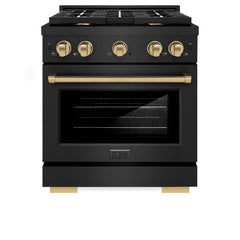 ZLINE Autograph Edition 30 in. 4.2 cu. ft. Paramount Dual Fuel Range with 4 Burner Gas Cooktop and Electric Convection Oven in Black Stainless Steel with Champagne Bronze Accents - SDRBZ-30-CB - The Home Selection