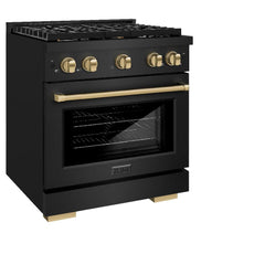 ZLINE Autograph Edition 30 in. 4.2 cu. ft. Paramount Dual Fuel Range with 4 Burner Gas Cooktop and Electric Convection Oven in Black Stainless Steel with Champagne Bronze Accents - SDRBZ-30-CB - The Home Selection