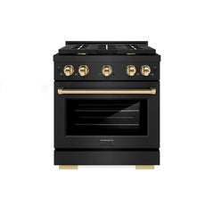 ZLINE Autograph Edition 30 in. 4.2 cu. ft. Paramount Dual Fuel Range with 4 Burner Gas Cooktop and Electric Convection Oven in Black Stainless Steel with Polished Gold Accents - SDRBZ-30-G - The Home Selection