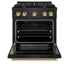ZLINE Autograph Edition 30 in. 4.2 cu. ft. Paramount Dual Fuel Range with 4 Burner Gas Cooktop and Electric Convection Oven in Black Stainless Steel with Polished Gold Accents - SDRBZ-30-G - The Home Selection