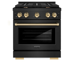 ZLINE Autograph Edition 30 in. 4.2 cu. ft. Paramount Dual Fuel Range with 4 Burner Gas Cooktop and Electric Convection Oven in Black Stainless Steel with Polished Gold Accents - SDRBZ-30-G - The Home Selection