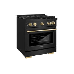 ZLINE Autograph Edition 30 in. 4.2 cu. ft. Paramount Dual Fuel Range with 4 Burner Gas Cooktop and Electric Convection Oven in Black Stainless Steel with Polished Gold Accents - SDRBZ-30-G - The Home Selection