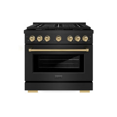 ZLINE Autograph Edition 36 in. 5.2 cu. ft. Paramount Dual Fuel Range with 6 Burner Gas Cooktop and Electric Convection Oven in Black Stainless Steel with Champagne Bronze Accents - SDRBZ-36-CB - The Home Selection