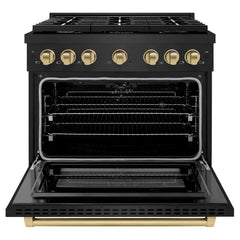 ZLINE Autograph Edition 36 in. 5.2 cu. ft. Paramount Dual Fuel Range with 6 Burner Gas Cooktop and Electric Convection Oven in Black Stainless Steel with Champagne Bronze Accents - SDRBZ-36-CB - The Home Selection