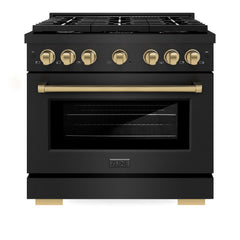 ZLINE Autograph Edition 36 in. 5.2 cu. ft. Paramount Dual Fuel Range with 6 Burner Gas Cooktop and Electric Convection Oven in Black Stainless Steel with Champagne Bronze Accents - SDRBZ-36-CB - The Home Selection