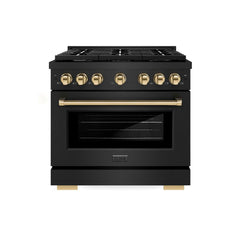 ZLINE Autograph Edition 36 in. 5.2 cu. ft. Paramount Dual Fuel Range with 6 Burner Gas Cooktop and Electric Convection Oven in Black Stainless Steel with Polished Gold Accents - SDRBZ-36-G - The Home Selection