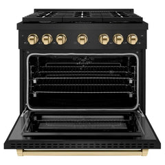 ZLINE Autograph Edition 36 in. 5.2 cu. ft. Paramount Dual Fuel Range with 6 Burner Gas Cooktop and Electric Convection Oven in Black Stainless Steel with Polished Gold Accents - SDRBZ-36-G - The Home Selection