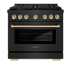 ZLINE Autograph Edition 36 in. 5.2 cu. ft. Paramount Dual Fuel Range with 6 Burner Gas Cooktop and Electric Convection Oven in Black Stainless Steel with Polished Gold Accents - SDRBZ-36-G - The Home Selection
