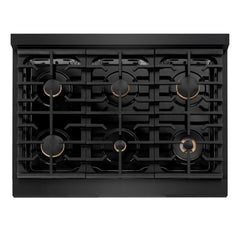 ZLINE Autograph Edition 36 in. 5.2 cu. ft. Paramount Dual Fuel Range with 6 Burner Gas Cooktop and Electric Convection Oven in Black Stainless Steel with Polished Gold Accents - SDRBZ-36-G - The Home Selection