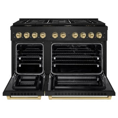 ZLINE Autograph Edition 48 in. 6.7 cu. ft. Paramount Double Oven Dual Fuel Range with 8 Burner Gas Cooktop in Black Stainless Steel and Champagne Bronze Accents - SDRBZ-48-CB - The Home Selection
