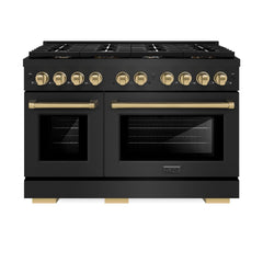 ZLINE Autograph Edition 48 in. 6.7 cu. ft. Paramount Double Oven Dual Fuel Range with 8 Burner Gas Cooktop in Black Stainless Steel and Champagne Bronze Accents - SDRBZ-48-CB - The Home Selection