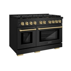 ZLINE Autograph Edition 48 in. 6.7 cu. ft. Paramount Double Oven Dual Fuel Range with 8 Burner Gas Cooktop in Black Stainless Steel and Champagne Bronze Accents - SDRBZ-48-CB - The Home Selection
