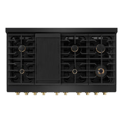 ZLINE Autograph Edition 48 in. 6.7 cu. ft. Paramount Double Oven Dual Fuel Range with 8 Burner Gas Cooktop in Black Stainless Steel and Champagne Bronze Accents - SDRBZ-48-CB - The Home Selection