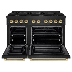 ZLINE Autograph Edition 48 in. 6.7 cu. ft. Paramount Double Oven Dual Fuel Range with 8 Burner Gas Cooktop in Black Stainless Steel and Polished Gold Accents - SDRBZ-48-G - The Home Selection