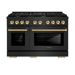ZLINE Autograph Edition 48 in. 6.7 cu. ft. Paramount Double Oven Dual Fuel Range with 8 Burner Gas Cooktop in Black Stainless Steel and Polished Gold Accents - SDRBZ-48-G - The Home Selection