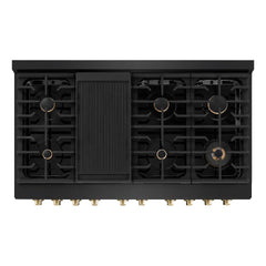 ZLINE Autograph Edition 48 in. 6.7 cu. ft. Paramount Double Oven Dual Fuel Range with 8 Burner Gas Cooktop in Black Stainless Steel and Polished Gold Accents - SDRBZ-48-G - The Home Selection