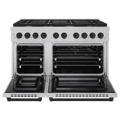 ZLINE Autograph Edition 48 in. 6.7 cu. ft. Paramount Double Oven Gas Range with 8 Burner Cooktop in Satin Stainless Steel and Matte Black Accents - SGRSZ-48-MB - The Home Selection