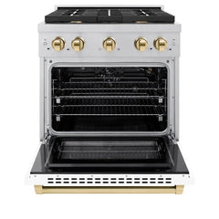 ZLINE Autograph Edition 30 in. 4.2 cu. ft. 4 Burner Paramount Gas Range with Convection Gas Oven in Satin Stainless Steel with White Matte Door and Polished Gold Accents - SGRSZ-WM-30-G - The Home Selection